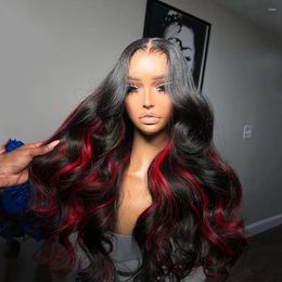 Lace Front Red With Black Body Wave Synthetic Hair Pre-Plucked Highlights Transparent Fibre Daily Cosplay