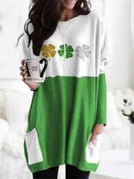 Women's Hoodies 2023 Autumn And Winter Long Hoodless Sweatshirt 3D Printing Fashion Four Leaf Grass Pattern Clothing Y2K