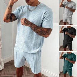 QNPQYX New Men's Tracksuits Summer Tracksuit Men Casual Sports Set Solid Color Plaid Short Sleeved Shorts Sets Mens Fashion 2 Piece Sportswear