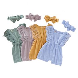 Rompers Summer Baby Girl Rompers born Baby Clothes Toddler Flare Sleeve Solid Lace Design Romper Jumpsuit With Headband 230522