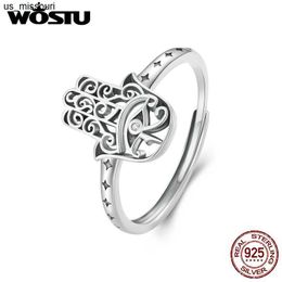 Band Rings WOSTU 925 Sterling Silver Vintage Style Lucky Hand Of Fatima Opening Ring Blue Demon's Eye Stackable Rings Party Jewellery Gift J230522