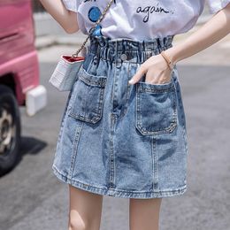 Skirts Summer Blue Denim Skirt Women High Waist Button Pocket A-line Short Dress Female Casual Fashion Splicing Jean