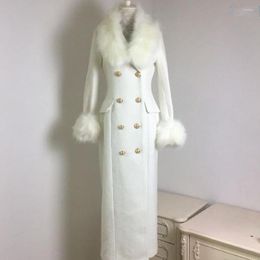 Women's Wool Winter Fashion Women Woollen Coat High Imitation Big Fur Collar White Cashmere Female Double Breasted Slim Outwear L1372