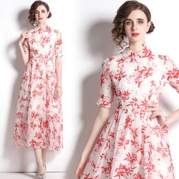 Women Boutique Printed Dress 2023 Summer Dress High-end Rerto Lady Chiffon Dresses Doll Collar Shor Sleeve Dresses OL Party Dress