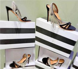 aquazzura High-quality Sandals Womens Luxury Brand Wild Fringe Crystal Buckle Strap High Heel 9.5CM Cow Leather Walk Suede Goatskin Shoes Size 34-41 CMPL