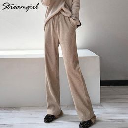 Capris Women Knitted Wool Pants Straight Leg High Waist Loose Trousers Autumn Winter Wide Leg Ladies Office Women's Woollen Pants Soft