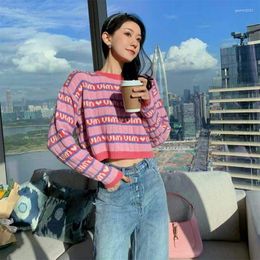 Sweaters 2023 Pink Purple Short Knit Sweater Womens Autumn/winter Letter Brand Loose Long-sleeved Knitted Top Cropped ED4P