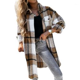 Women's Trench Coats Hirigin 2023 Women Button-down Shirt Adults Irregular Plaid Print Long Sleeve Lapel Outerwear With Flap Pockets Streetw