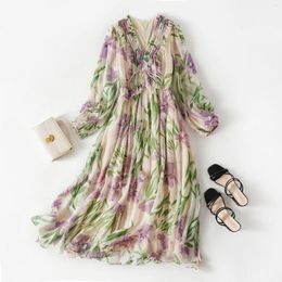 Casual Dresses Pure Silk Dress For Women V-Neck Full Sleeve Midi Digital Printing Mulberry Georgette 86045