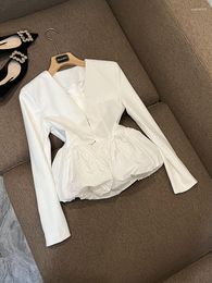 Women's Jackets Elegant Solid Coat Designed V-neckline Long Sleeve Hasp Bubble Hem Office Lady White Short Jacket