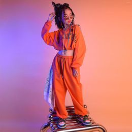 Stage Wear 2023 Modern Jazz Dance Costumes For Kids Orange Crop Tops Loose Pants Streetwear Girls Hip Hop Performance Rave Clothes DQS8156