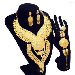 Necklace Earrings Set Dubai Design Bridal 24K Gold Plated Bracelet Ring F African Female For Women