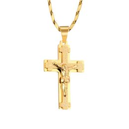 Necklaces Christ Jesus Cross Pendant Men Gold Colour Stainless Steel Christian Crucifix Necklaces Male Religious Jewellery Dropshipping