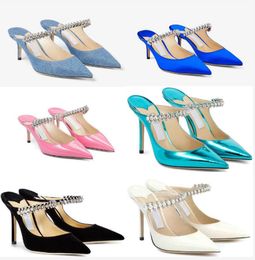 Famous Party Wedding bing series Sandals pointed toe heel Mules shoes Chic crystal rivet chain decoration fashionable and elegant add 35-43 different charm box