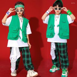 Stage Wear Kids Rave Kpop Hip Hop Green Jacket Vest Tops T Shirt Tee Streetwear Chequered Pants For Girls Boys Jazz Dance Costume Clothes