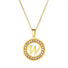 Chains Round Gold Color Letter Crystal Charm Pendant Necklace Women Girl Metal Gift Holiday Decor Accessories