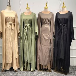 Ethnic Clothing 3 Piece Matching Set Turkiye Women's Muslim Dress Dubai Celebrity Fashion Set Plain Kimono Open Abaya Maxi Dress Package Ski 230520