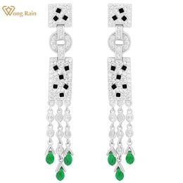 Knot Wong Rain Luxury 925 Sterling Silver Emerald High Carbon Diamonds Gemstone Tassel Drop Dangle Earrings Fine Jewellery Wholesale