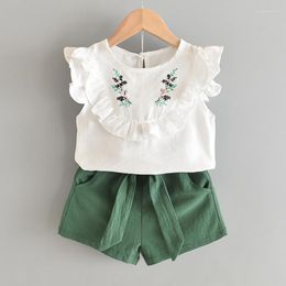 Clothing Sets Girls Set Summer Fashion Flower Embroidery Butterfly Sleeve Top Short Pant Bow Belt Casual 2PCS Suit For Kid 3-7Y