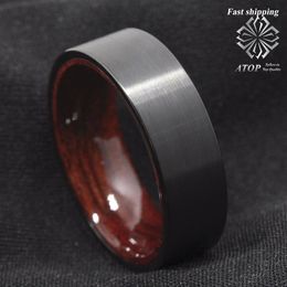 Rings 8mm Black Brushed Tungsten Red Sandal Wood Inlay Wedding Band Ring Men's Jewellery Free Shipping