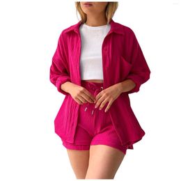 Women's Tracksuits 2023 Summer Casual Button Solid Cotton Two Pieces Sets Women Long Sleeve Rose Red Women's White Shirt Shorts Set