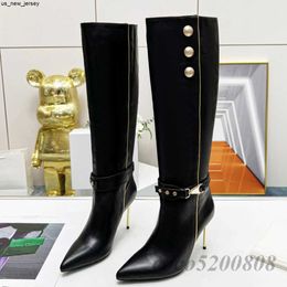 Dress Shoes Women Long Boots Autumn Winter Mid-Calf Boots Genuine Leather Women Shoes Pointed Toe High Heels Solid Colour Button Decor Concis J230522