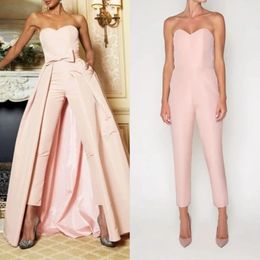 Elegant Women Jumpsuits Prom Dresses With Detachable Skirt Sleeveless Sweetheart Satin Simple Formal Evening Gowns Light Pink Special Occasion Pants Suits