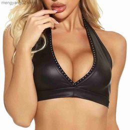 Bras Pu Leather Bra Female Vest Women Tops Lingerie Bandage Sexy Bright Solid Colour Party Clubwear Fashion Wetlook Black Clothing T230522