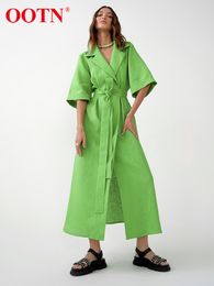 Basic Casual Dresses OOTN Cotton Linen Long Wrap Summer Woman Belt Lace Up Notched Office Women Dress A Line Elegant Split Robe Femme 230522