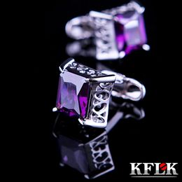 3 Colour KFLK Luxury Brand cuff buttons Purple Crystal cuff links High Quality abotoadura shirt cufflinks for mens Jewellery