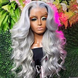 Silver Body Wave Lace Front Synthetic Grey Hair For Women Middle Part Glueless Heat Resistant Fibre