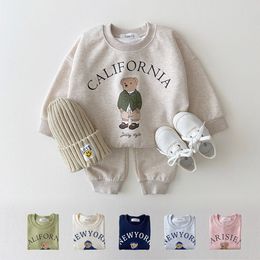 Clothing Sets Baby Boy Girl Clothing Sets Children Bear Pullover Sweatshirts Simple Solid Cotton Sports Pants 2pc Kids Clothes Boy Suit 230520