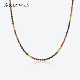 Necklaces ANDYWEN 925 Sterling Silver 2022 Gold Rainbow Zircon CZ 2mm Tennis Chain Choker Necklace Women Party Colorful Birthday Gift