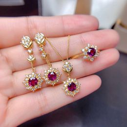 Sets 925 Sterling Silver Jewellery set luxury garnet pendants For Women Genuine Jewellery Wedding Anniversary Resizable Rings Gift