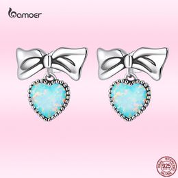Stud Bamoer Trendy Bowknot Opal Love Earrings 925 Sterling Silver Heart Pendant Pierced Ear Studs for Women Fashion Party Jewellery