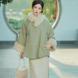 Ethnic Clothing 2023 Autumn Winter Elegant Green Fur Collar Woollen Thickened Coat Chinese Clothes Vintage Warm Cheongsam Cloak Ropa China