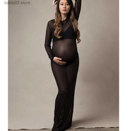 Maternity Dresses Black Tulle Bodysuit Pregnancy Dress Mesh Fabric Long Sleeve Stretch Women Maternity Outfit Slim Fit Style Skirt For Photo Shoot T230523