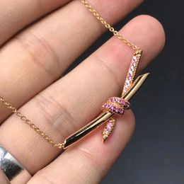 s925 sterling silver bowknot sweet pendant necklace 18K gold cross chain choker pink diamond limited necklaces T brand jewelry