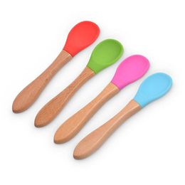 Spoons Sile Portable Tableware Child Food Wooden Handle Coffee Scoop Baby Training Spoon Home Kitchen Tool Drop Delivery Garden Dini Dhtgt