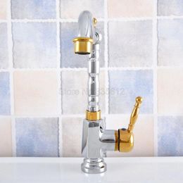 Kitchen Faucets Polished Chrome & Gold Color Brass Single Lever Swivel Spout Sink Bathroom Vessel Basin Faucet Mixer Tap Tsf804