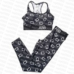 Letters Printed Yoga Outfit Women Breathable Sport Tops Elastic Waist Yoga Leggings Two Piece Tracksuit