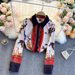 Women's Blouses Spring Hit Colour Blouse Female Lapel Temperament Printing Blusa Single-breasted Slim Loose Large Size Shirt C521