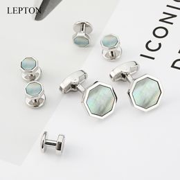 Mother of Pearl Cufflinks tuxedo studs Sets Lepton Shell Cufflink Collar Studs Cuff links Men Jewelry Drop Shipping