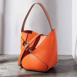 Evening Bags Fashion Genuine Leather Bucket Bag For Women European And American Style Luxury Designer Orange Tote Purses In 2023