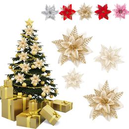 Decorative Flowers 8Pcs Christmas Glitter Artificial Red Gold Xmas Tree Ornaments Big Flower Heads For Home Year Navidad Party Decor