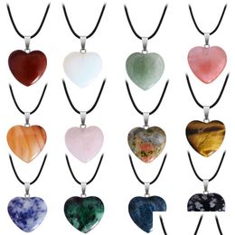 Pendant Necklaces Natural Crystal Stone Necklace Hand Carved Creative Heart Shaped Gemstone Fashion Accessory Gift With Chain 20Mm D Dhivq