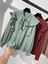 Women's Blouses Solid Chiffondesigner Women Shirt Pearl Buttons Long Sleeve Bow Tie Neck Draped Autumn Female Office Lady Ruffled Top