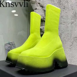 Boots Thick Sole Knit Boots Woman Round Toe Sqaure Heels Socks Ankle Boots Platform Shoes Women Height Increasing Short Boots Woman X230523