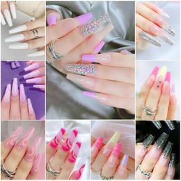 False Nails 24PCS/Set Long Glitter Black Pink Lines Wear Sticker With Design Full Coverage Of