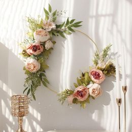 Decorative Flowers Wedding Decoration Metal Ring Hoop Artificial Flower Garland Wall Hanging Fake Peony Wreath Birthday Party Home Decor